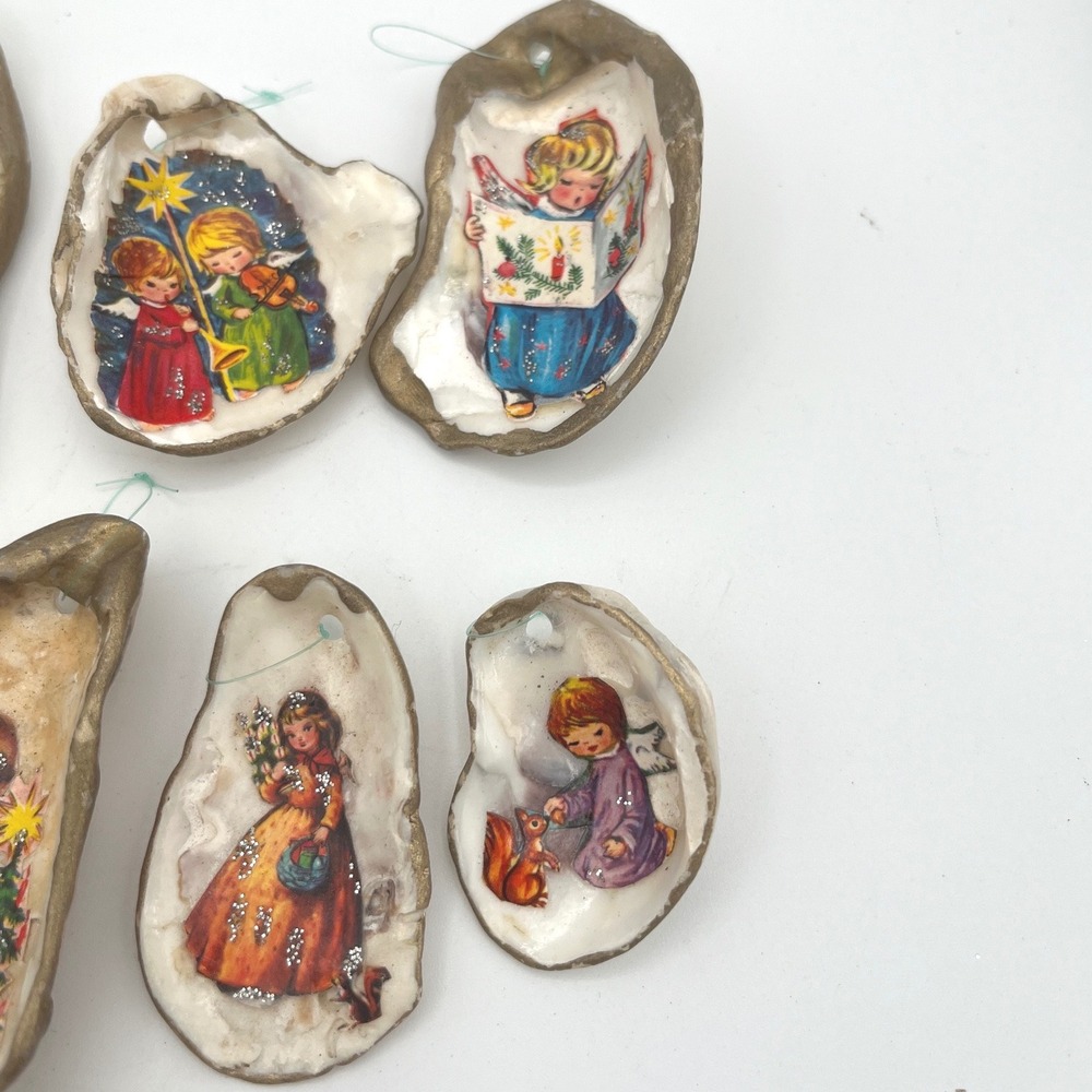 Vintage Decoupage Angels Oyster Shell Christmas Ornaments Handmade Kitsch 10 pc - Picture 5 of 6